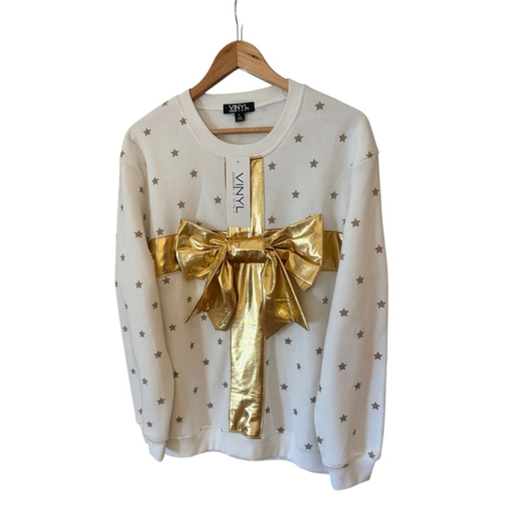 VINYL Holiday Christmas Sweatshirt Women’s Large White Gold Bow Ugly Sweater - Picture 2 of 7
